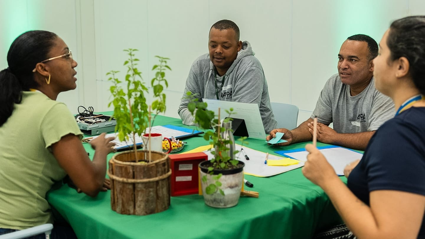 Quatro pessoas conversam em volta de uma mesa de trabalho com folhas, adesivos coloridos, canetas e mudas de planta