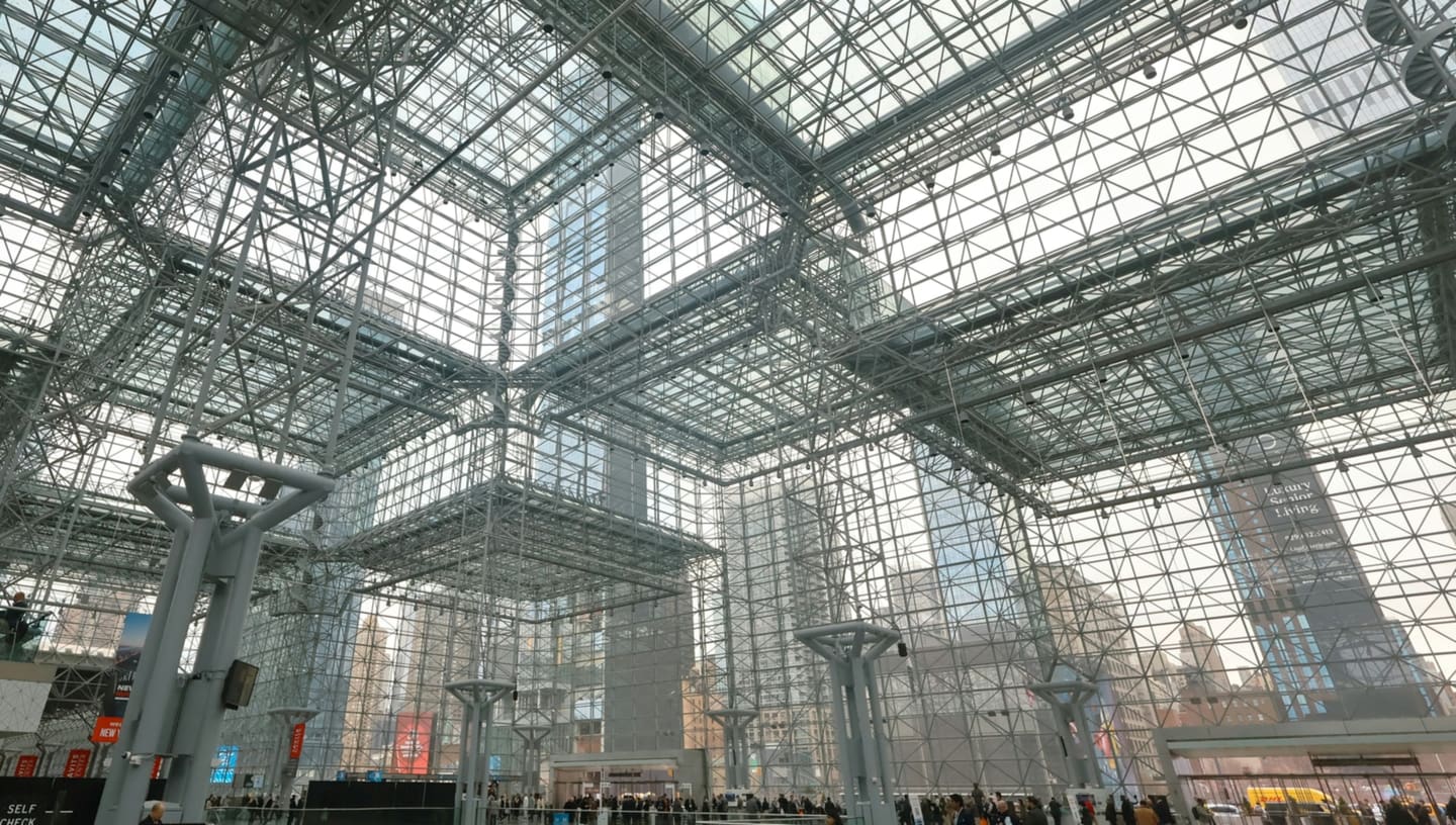 Átrio de vidro do Javits Center visto de baixo, com a treliça de aço cruzando o teto, as torres de Manhattan atrás do vidro e gente circulando ao longe no piso
