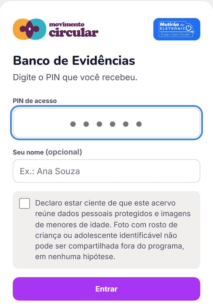Tela de entrada do Banco de Evidências, com campo de código de acesso e a declaração de que o acervo reúne dados pessoais protegidos
